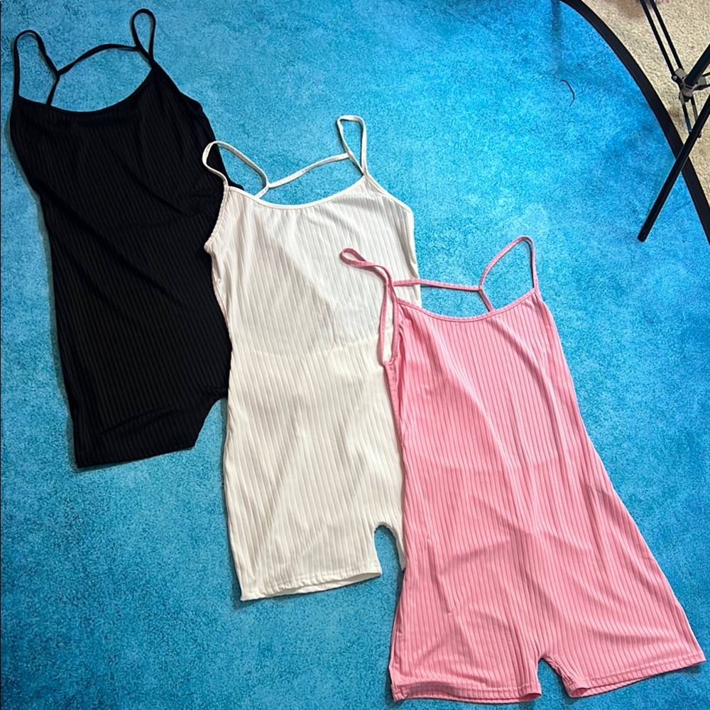 Set of Three Ribbed Rompers - Black, White, Pink